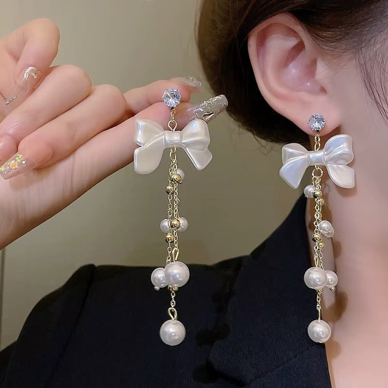 Trendy Women Vintage Earring Earrings Ear Ring Jewelry Alloy Bow Crystal Pearl Long Tassel Stud Earring