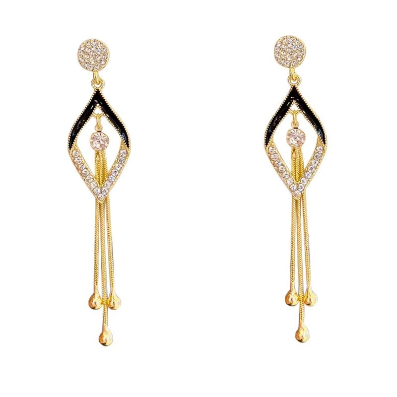 Gold-Toned Black Enamel Crystal Tassel Drop Earrings