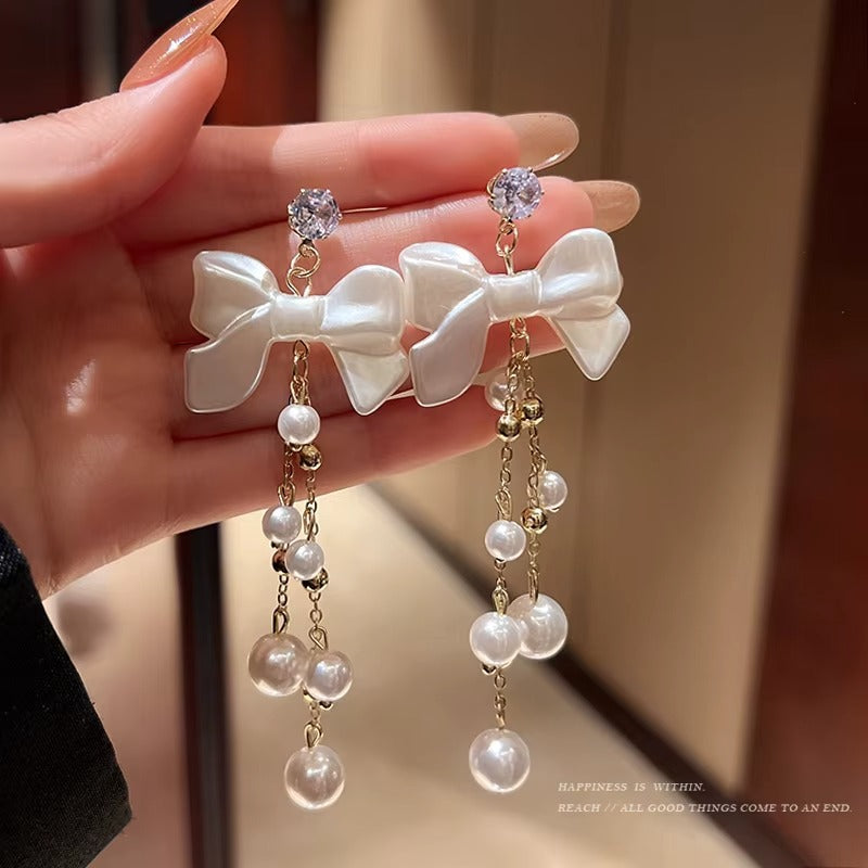 Trendy Women Vintage Earring Earrings Ear Ring Jewelry Alloy Bow Crystal Pearl Long Tassel Stud Earring