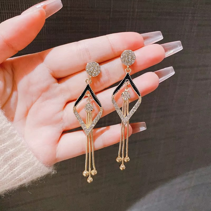 Gold-Toned Black Enamel Crystal Tassel Drop Earrings