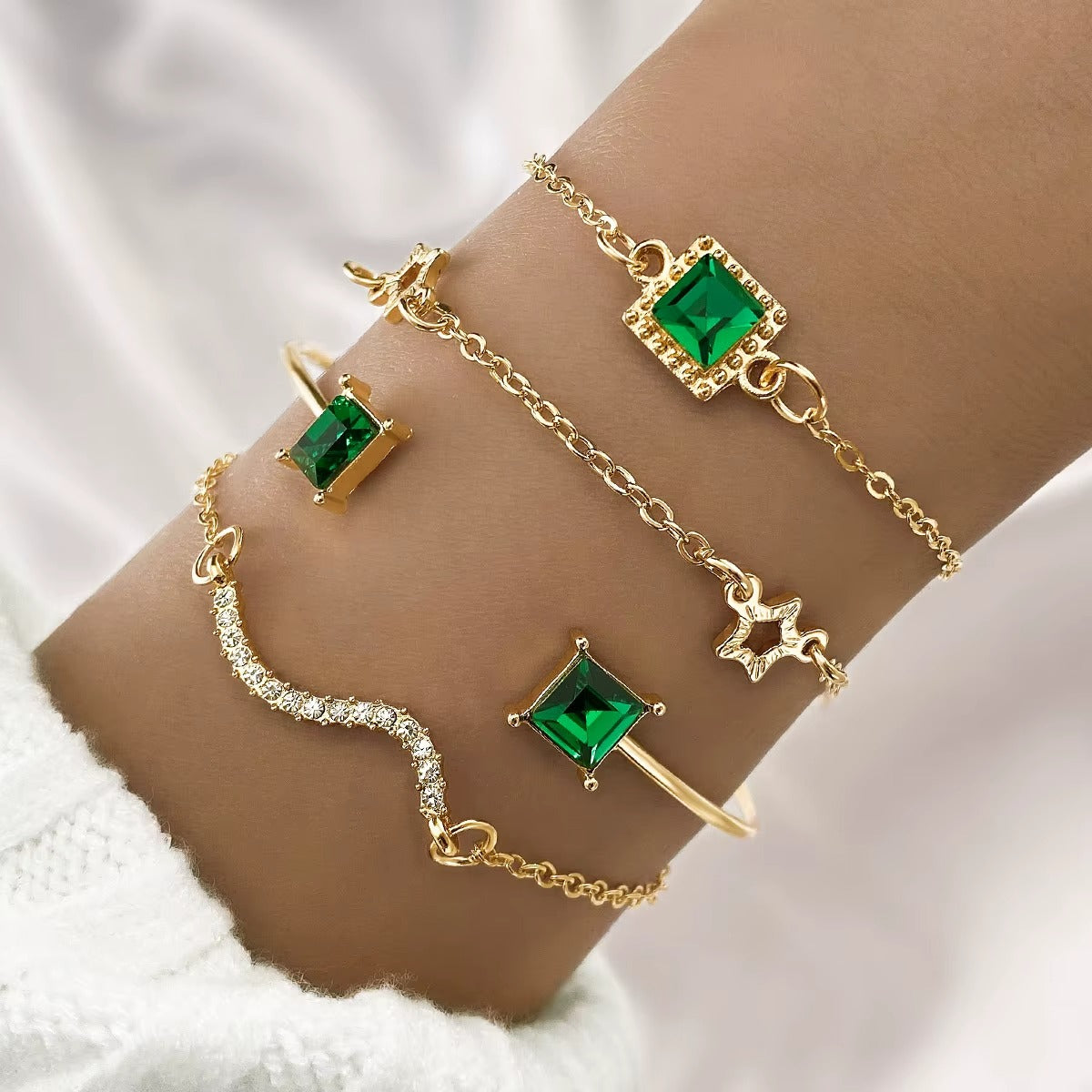 4Pcs/Set Green Zircon Five Pointed Star Bracelet for Women Jewelry