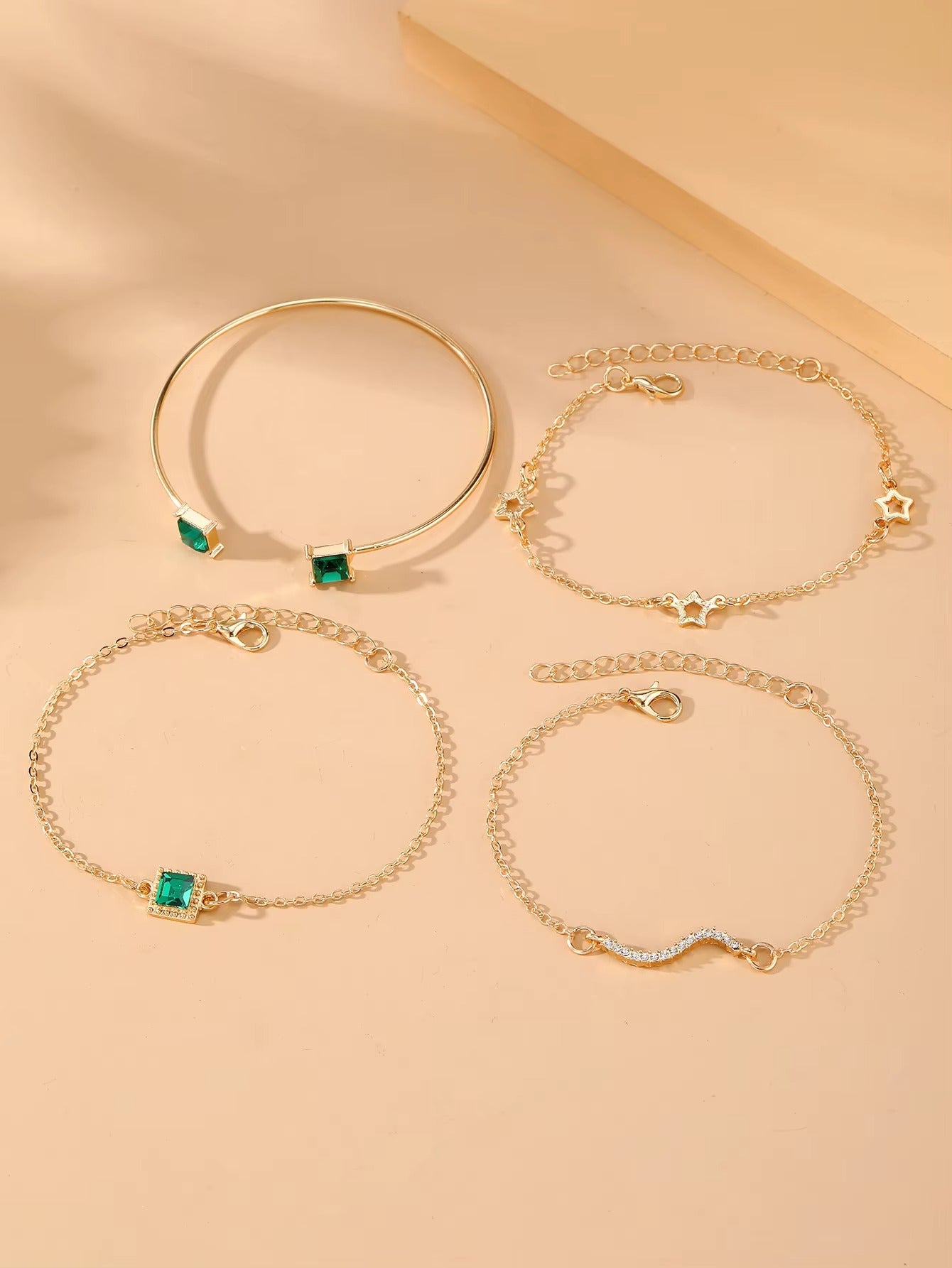 4Pcs/Set Green Zircon Five Pointed Star Bracelet for Women Jewelry