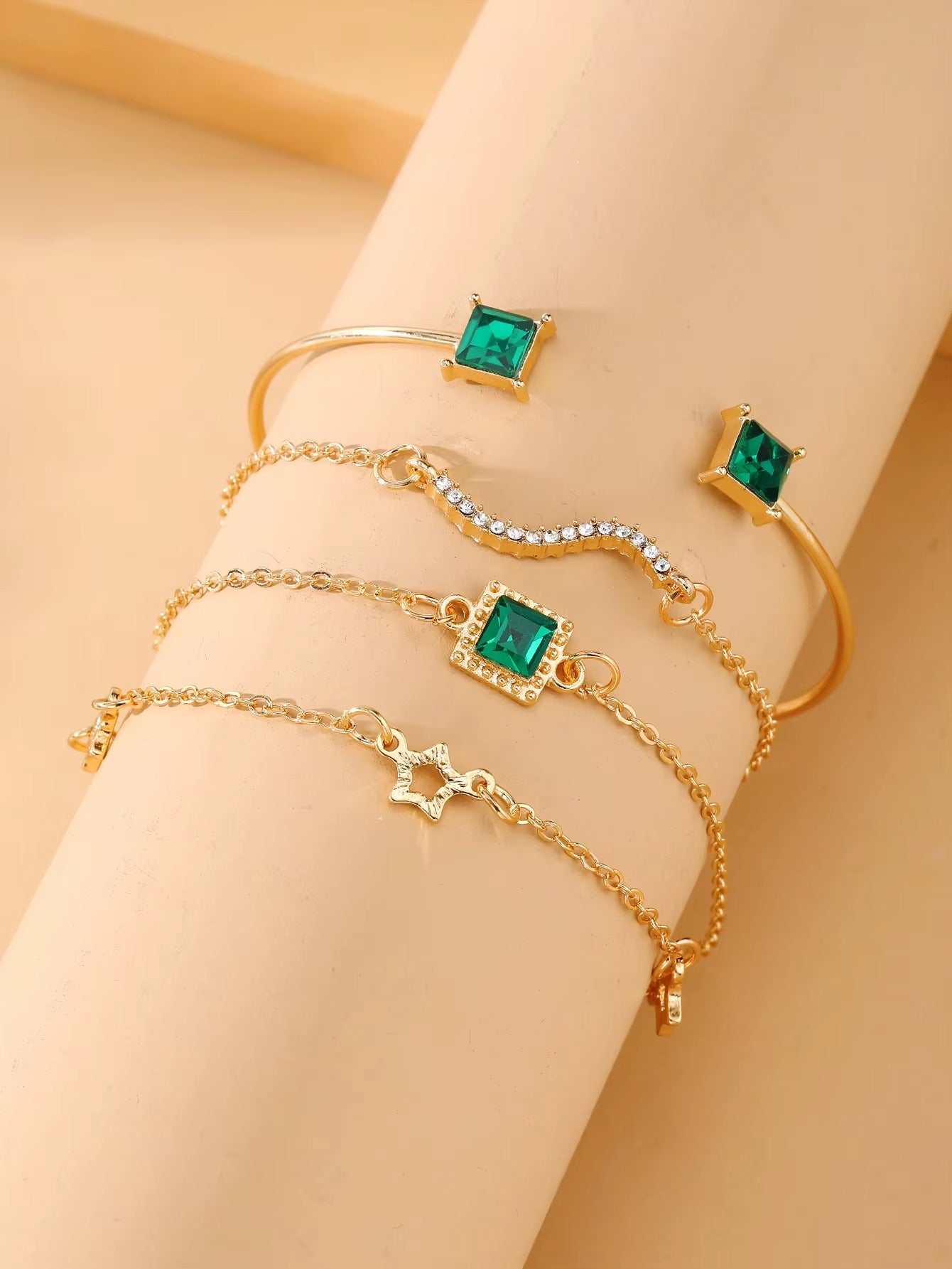 4Pcs/Set Green Zircon Five Pointed Star Bracelet for Women Jewelry