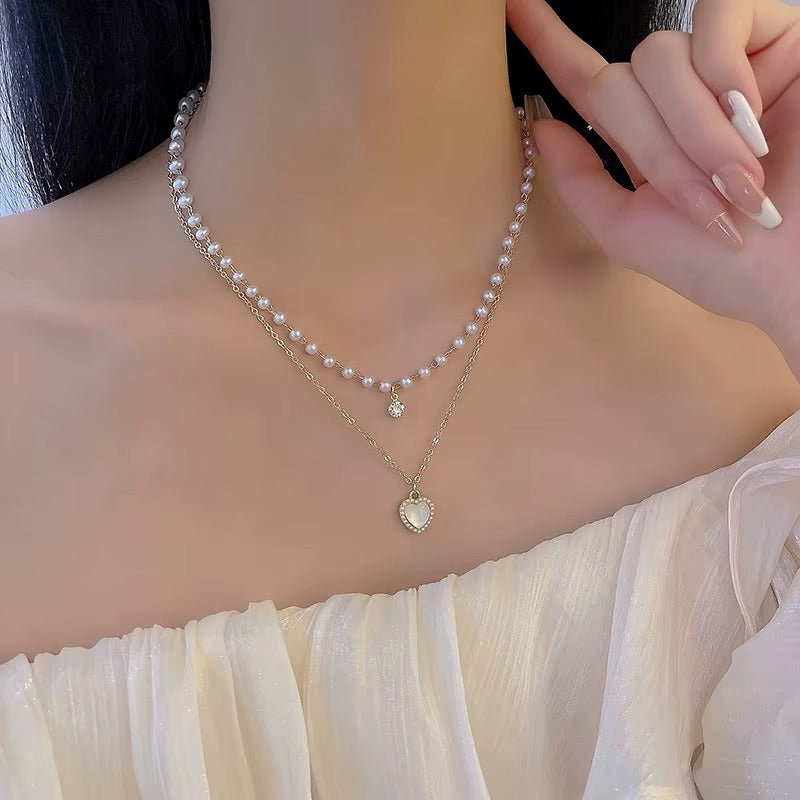 Women Stainless Steel Pearl Heart Necklace Gold Double Layer Chain