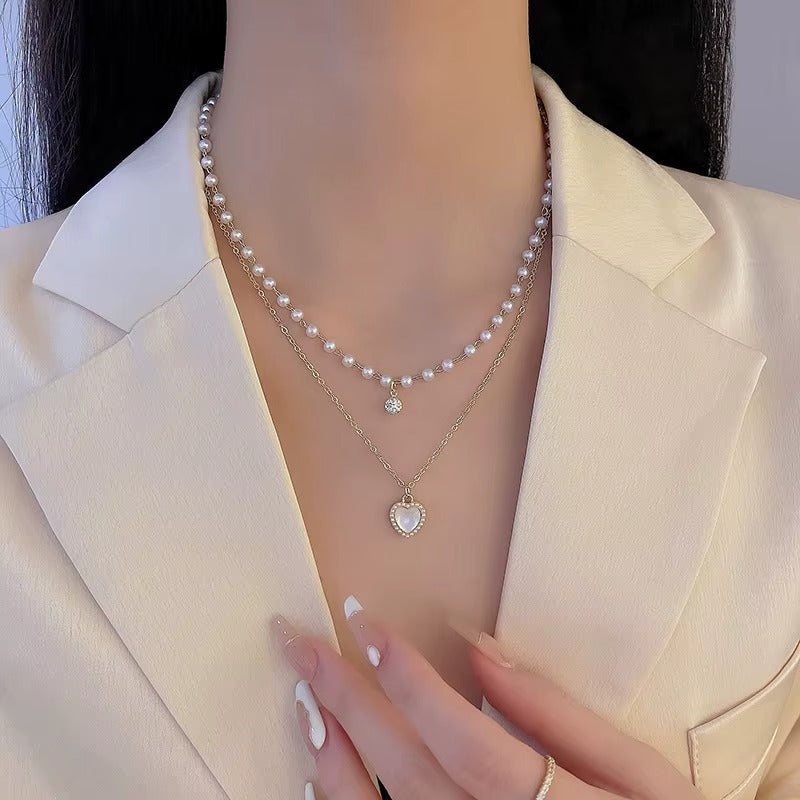Women Stainless Steel Pearl Heart Necklace Gold Double Layer Chain