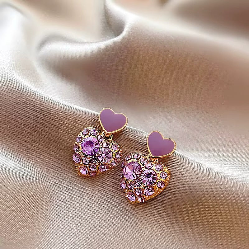 Gold Plated Purple Crystal Heart Stud Earring