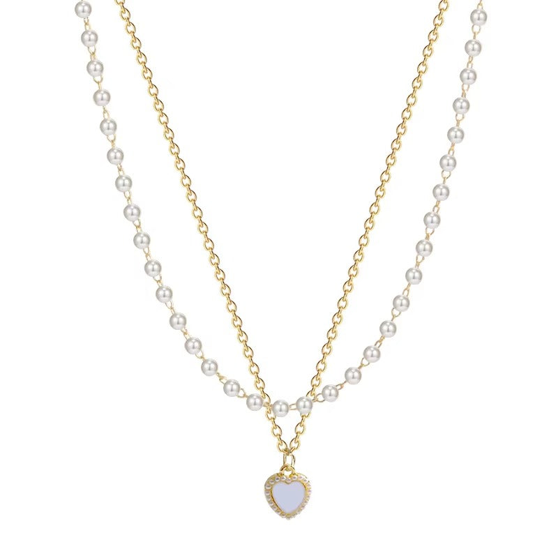 Women Stainless Steel Pearl Heart Necklace Gold Double Layer Chain