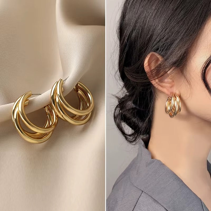 Gold & Silver Needle Plated C-Shaped Multi-Layer Hoop Earrings- Combo