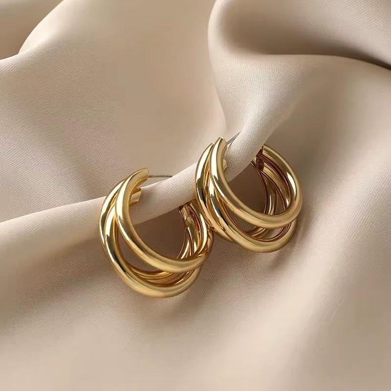 Gold & Silver Needle Plated C-Shaped Multi-Layer Hoop Earrings- Combo