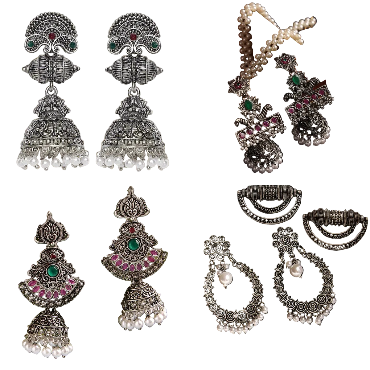 Jazz And Sizzle Set Of 5 Oxidized Floral & Dome Shaped Jhumka, Stud & Drop Earrings Combo
