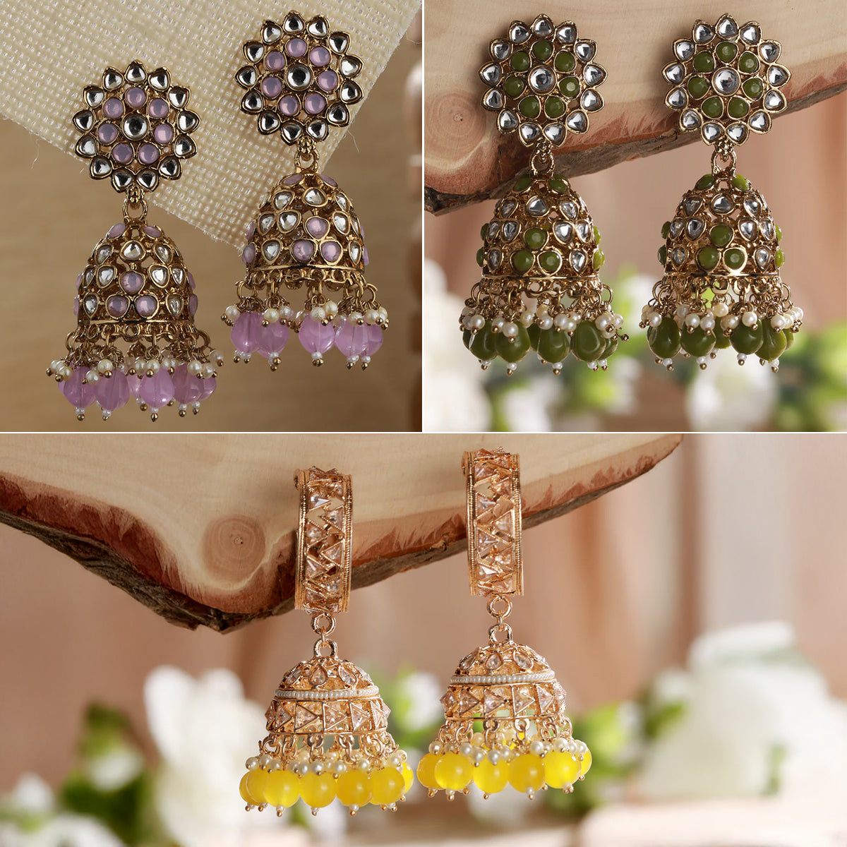 Jazz And SIzzle Set of 3 Kundam Studded Multicolor Jhumka Earrings for Festive Elegance