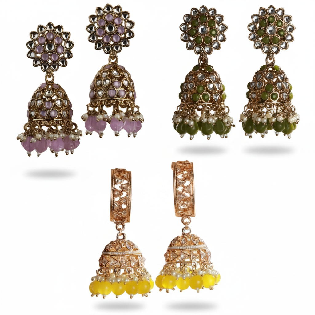 Jazz And SIzzle Set of 3 Kundam Studded Multicolor Jhumka Earrings for Festive Elegance