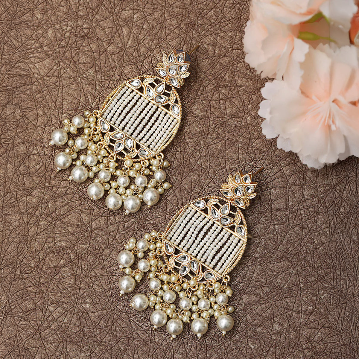 Jazz And Sizzle Set of 2 Gold Plated White & Yellow Pearl Drops Chand Bali Earrings combo