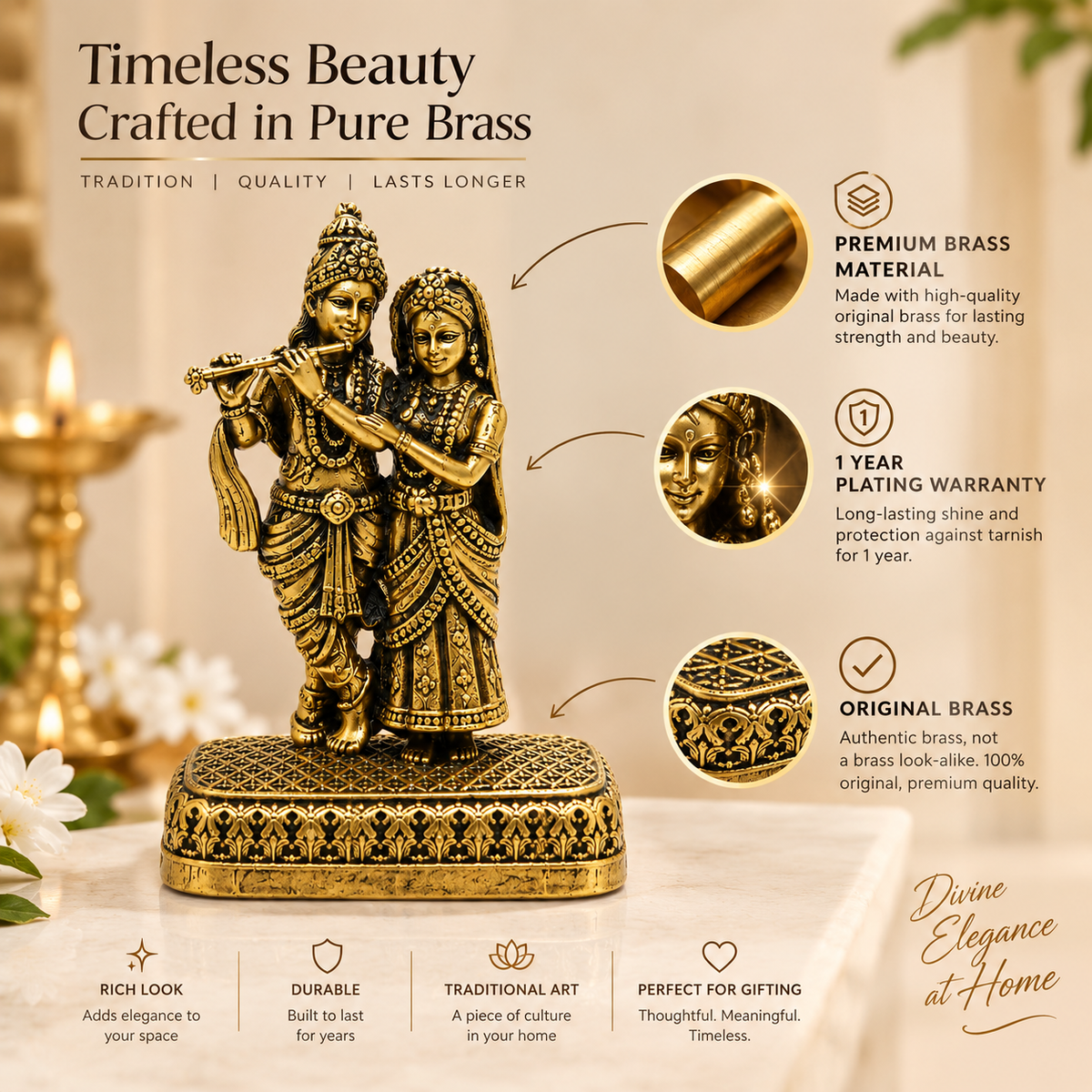 Antique Gold-Toned Brass Radha Krishna Idol-js-idl-015