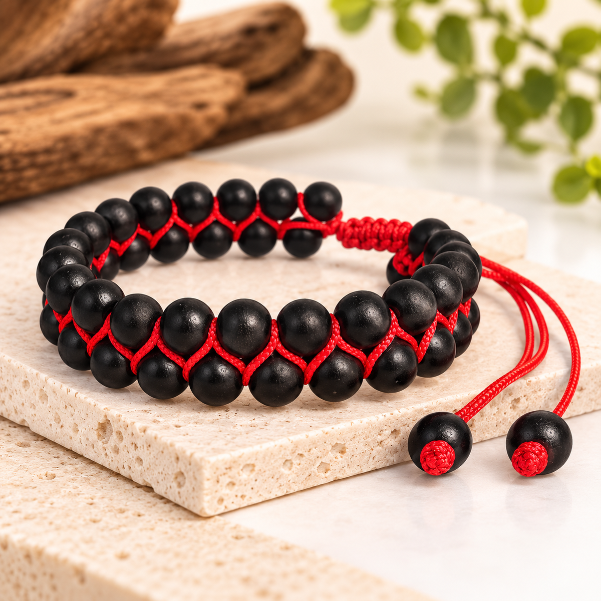 Men Black Karungali Beaded 2-Layer Adjustable Bracelet with Red Thread | JS-SBR-043