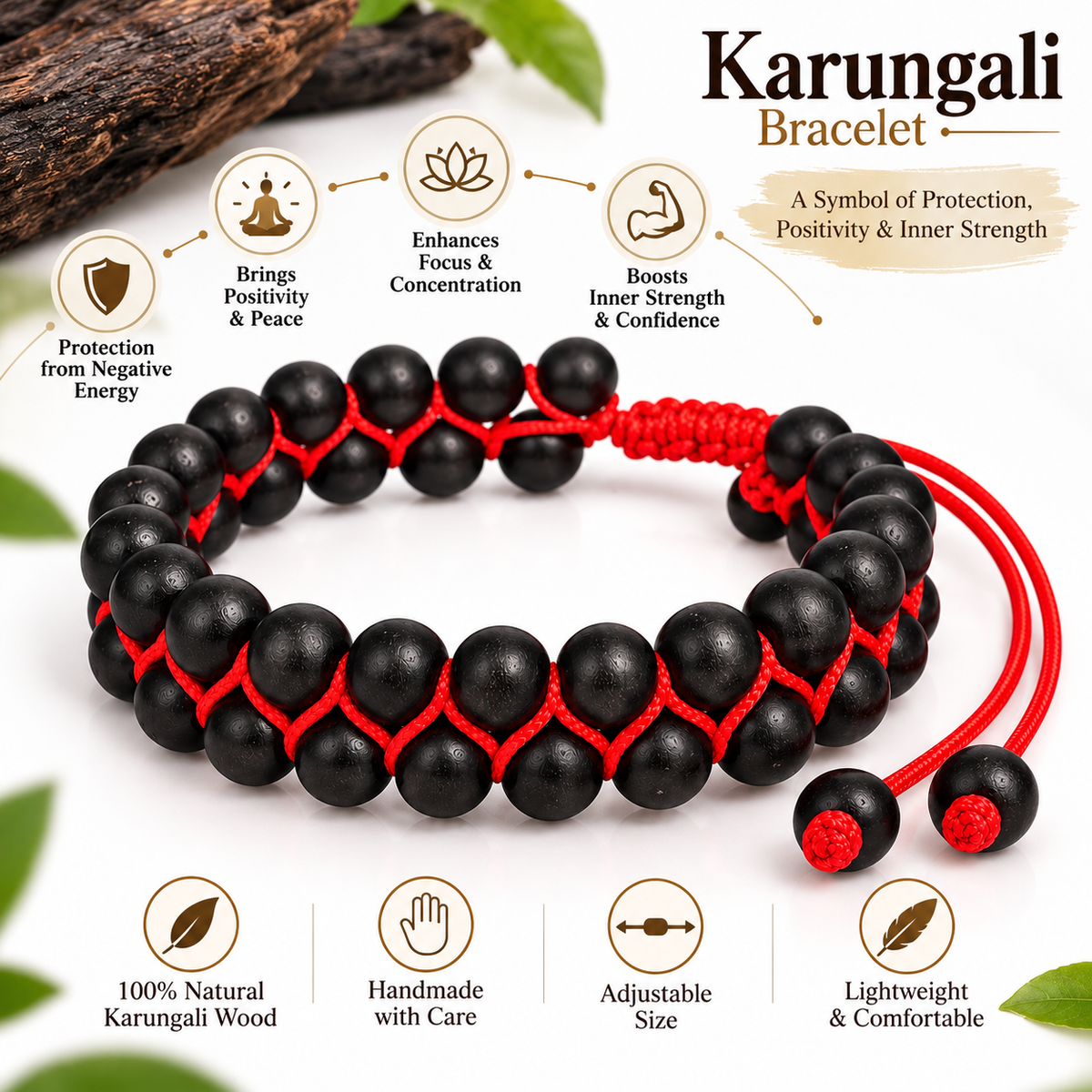 Men Black Karungali Beaded 2-Layer Adjustable Bracelet with Red Thread | JS-SBR-043