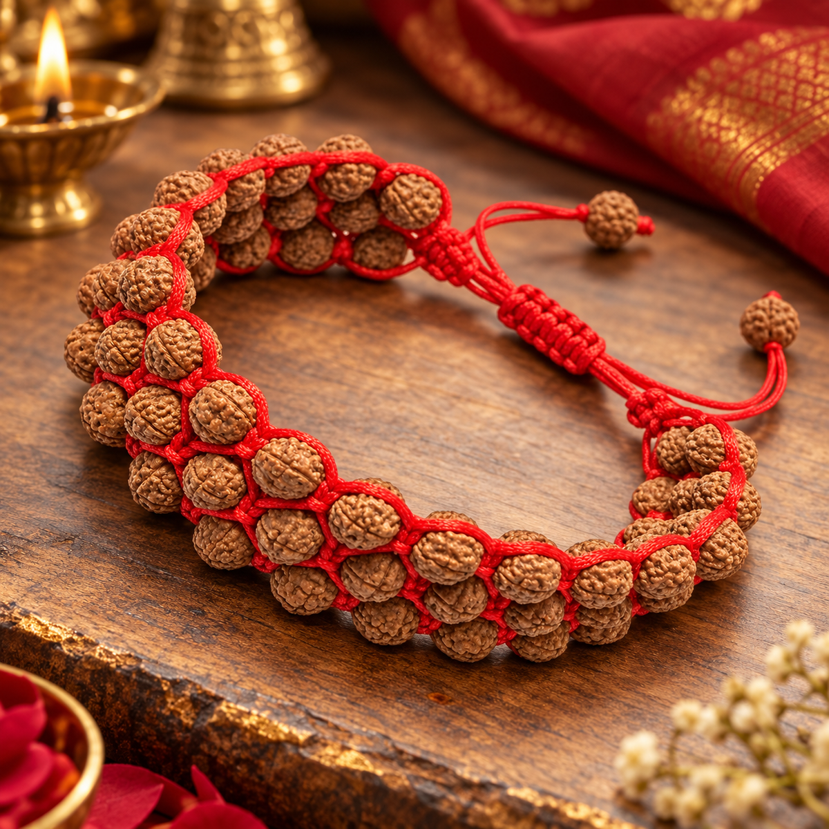 Men 3-Layer Rudraksha Beaded Adjustable Bracelet with Red Thread JS-SBR-044