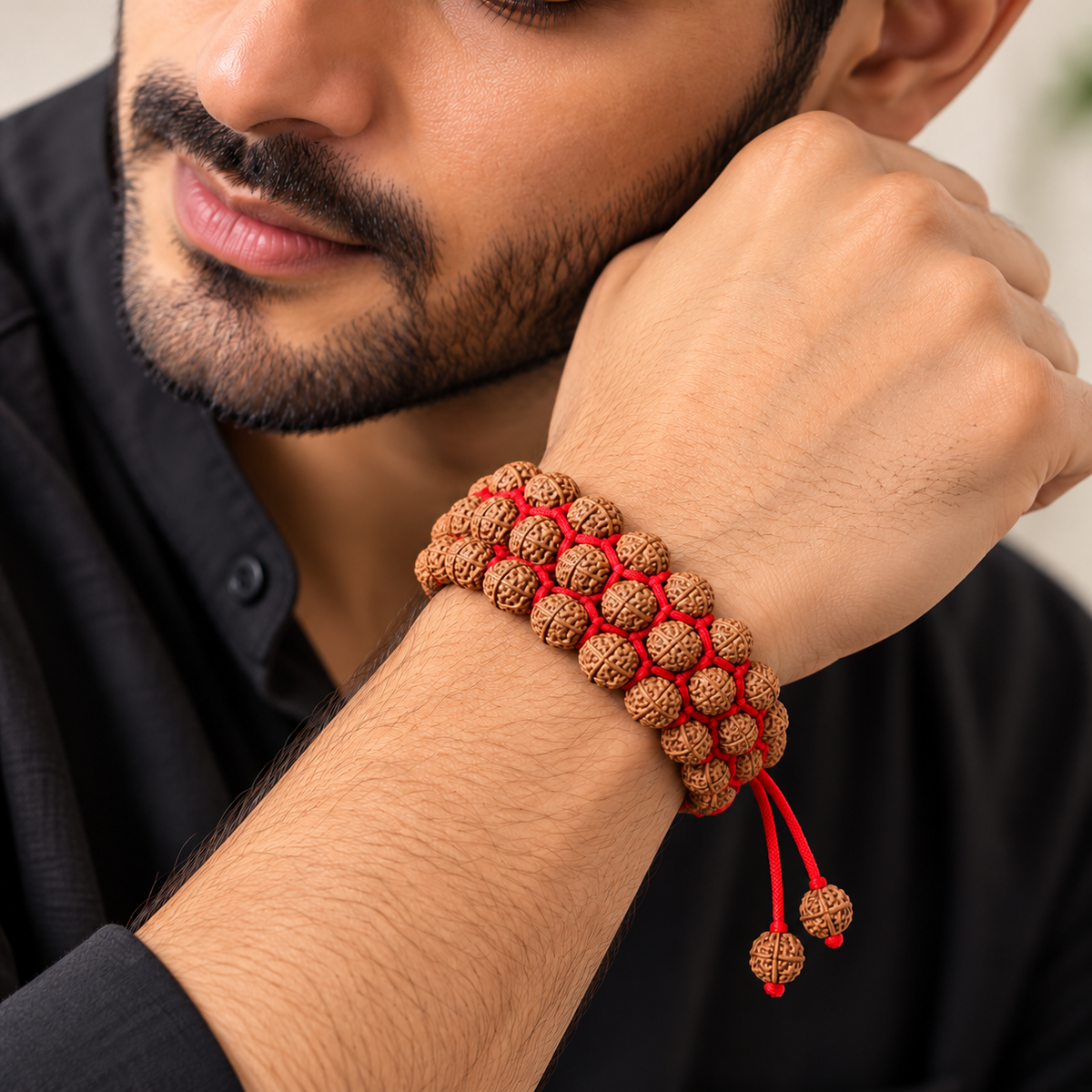 Men 3-Layer Rudraksha Beaded Adjustable Bracelet with Red Thread JS-SBR-044