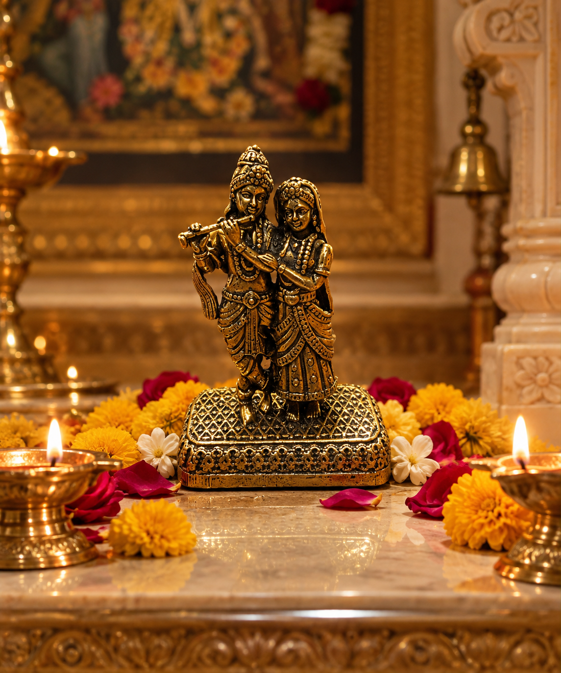 Antique Gold-Toned Brass Radha Krishna Idol-js-idl-015