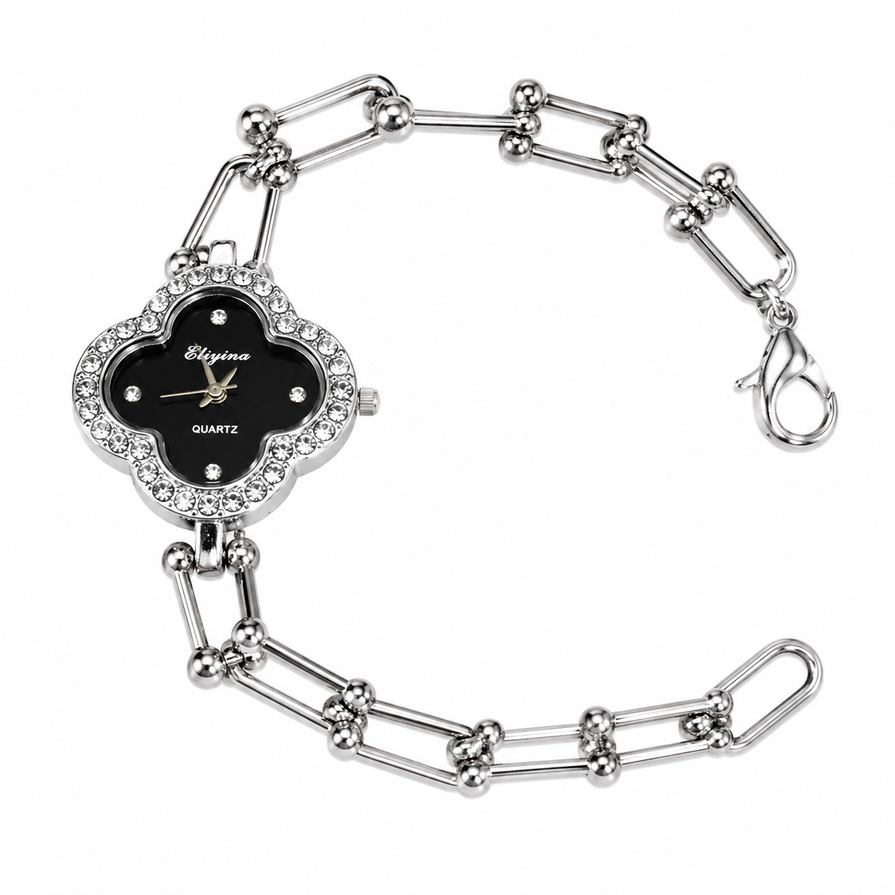 Silver-Toned Crystal-Studded Clover Dial Bracelet Watch for Women | Elegant Analog Quartz Wrist Watch