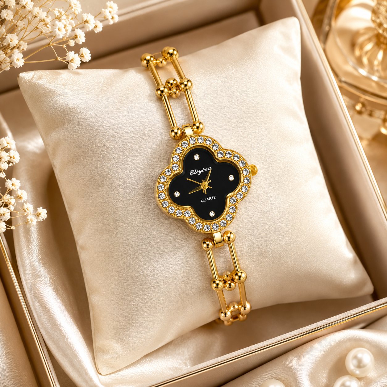 Gold-Toned Crystal-Studded Clover Dial Bracelet Watch for Women | Elegant Analog Quartz Wrist Watch