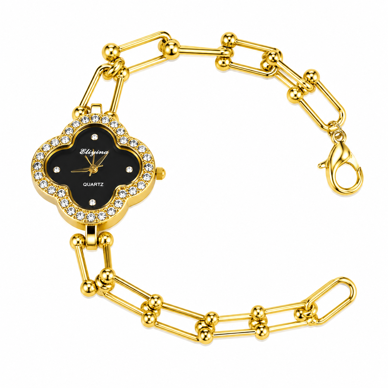 Gold-Toned Crystal-Studded Clover Dial Bracelet Watch for Women | Elegant Analog Quartz Wrist Watch