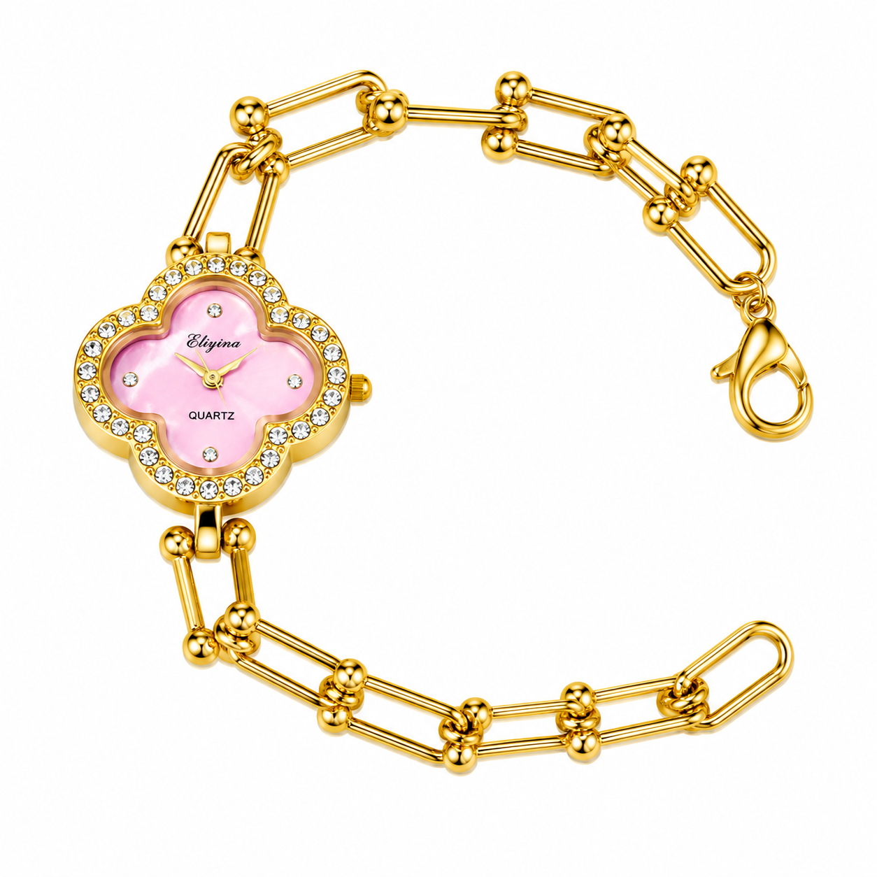 Gold-Toned Crystal-Studded Pink Clover Dial Bracelet Watch for Women & Girls | Analog Quartz Fashion Wrist Watch