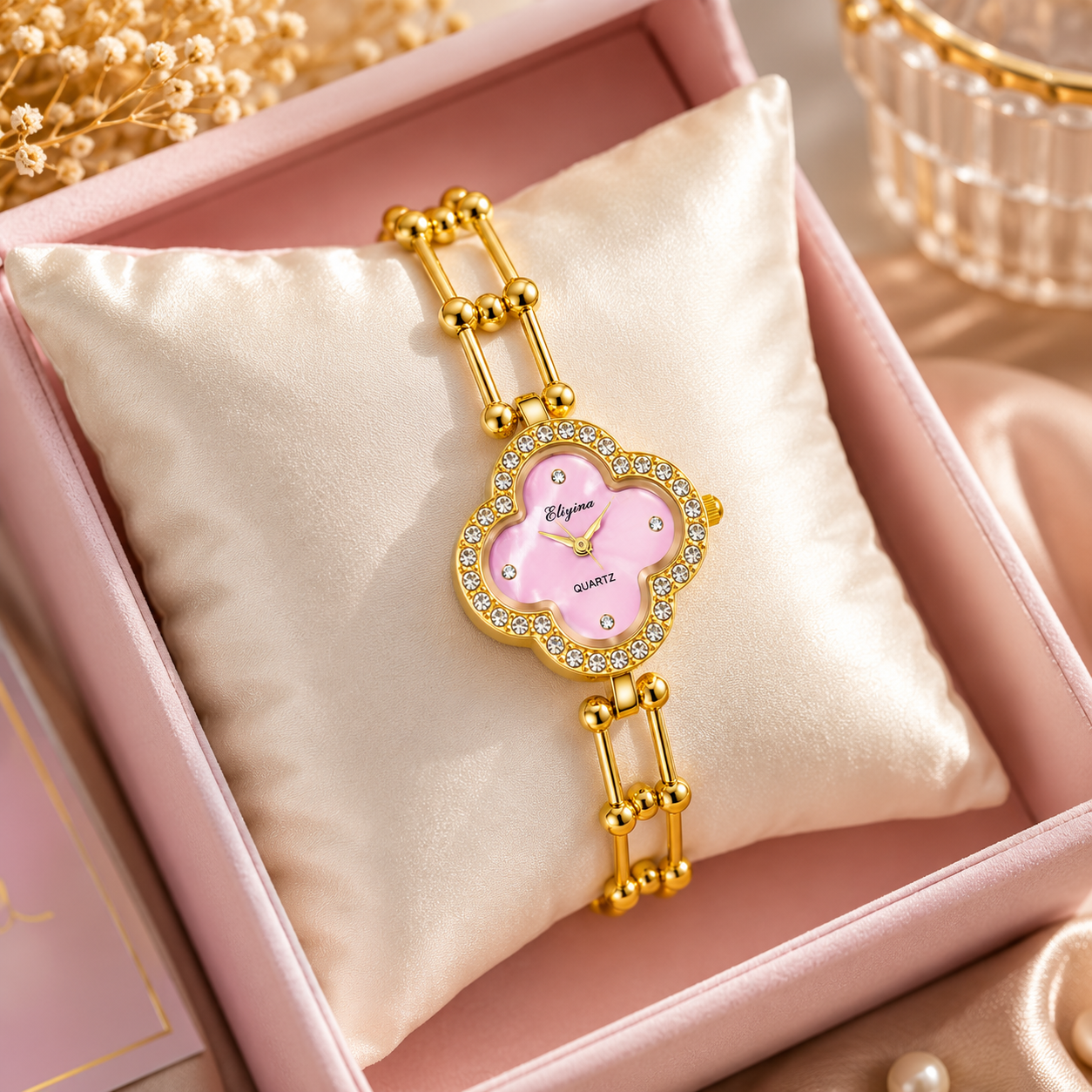 Gold-Toned Crystal-Studded Pink Clover Dial Bracelet Watch for Women & Girls | Analog Quartz Fashion Wrist Watch