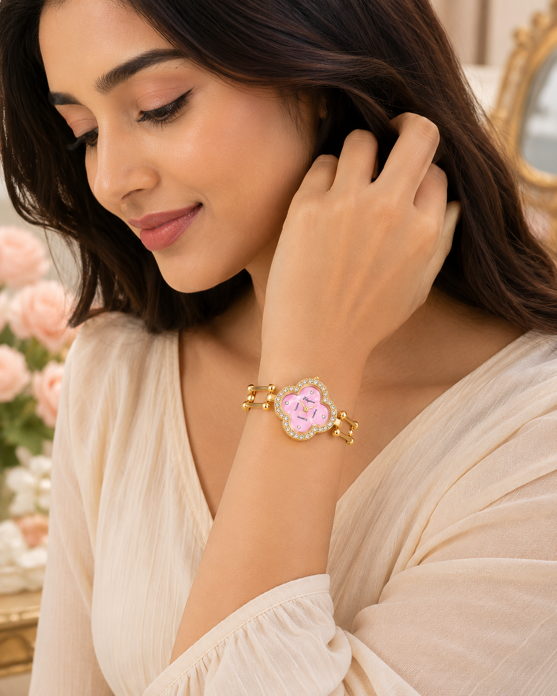 Gold-Toned Crystal-Studded Pink Clover Dial Bracelet Watch for Women & Girls | Analog Quartz Fashion Wrist Watch