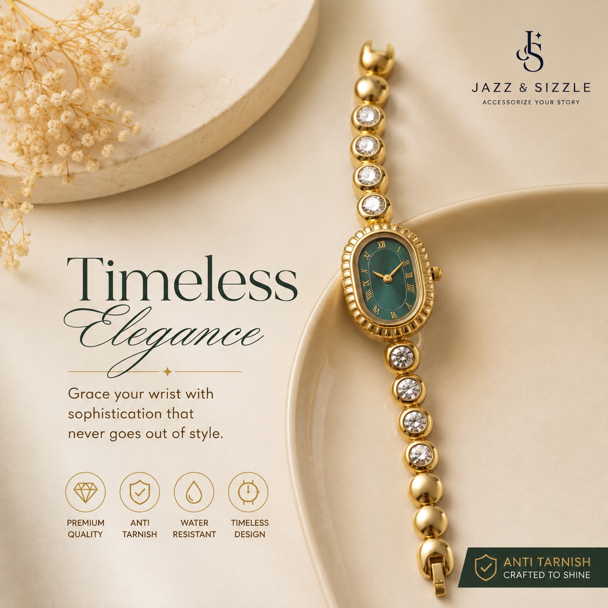 Women's Anti-Tarnish Gold-Plated Green Oval Dial Bracelet Watch | Crystal-Studded Elegant Wrist Watch for Women & Girls