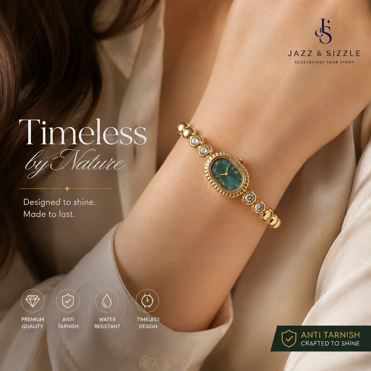 Women's Anti-Tarnish Gold-Plated Green Oval Dial Bracelet Watch | Crystal-Studded Elegant Wrist Watch for Women & Girls
