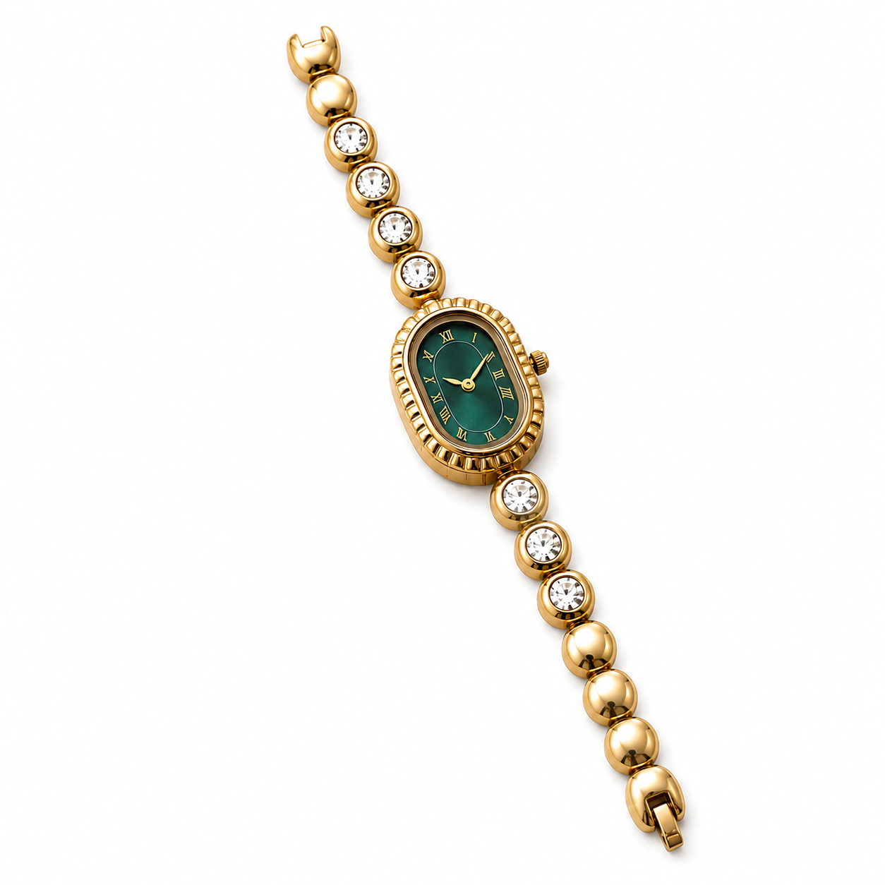Women's Anti-Tarnish Gold-Plated Green Oval Dial Bracelet Watch | Crystal-Studded Elegant Wrist Watch for Women & Girls