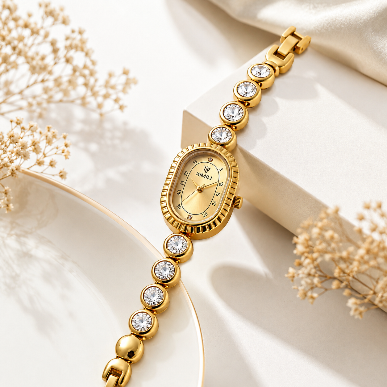 Women's Anti-Tarnish Gold-Plated Crystal Bracelet Analog Watch | Elegant Oval Dial Watch for Women & Girls
