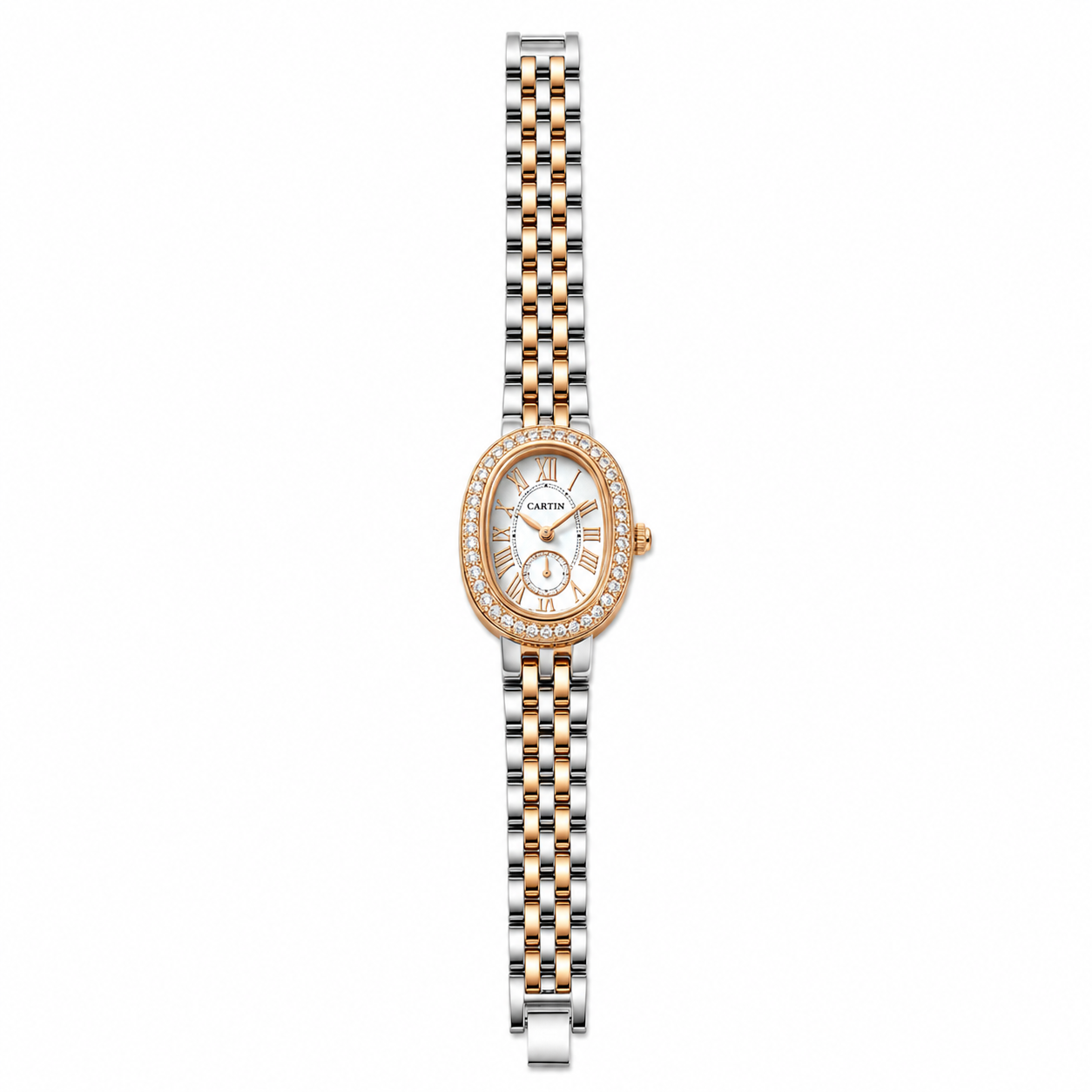 Women's Two-Tone Crystal-Studded Oval Analog Watch | Anti-Tarnish Stainless Steel Bracelet Watch | Elegant Fashion Watch for Women & Girls
