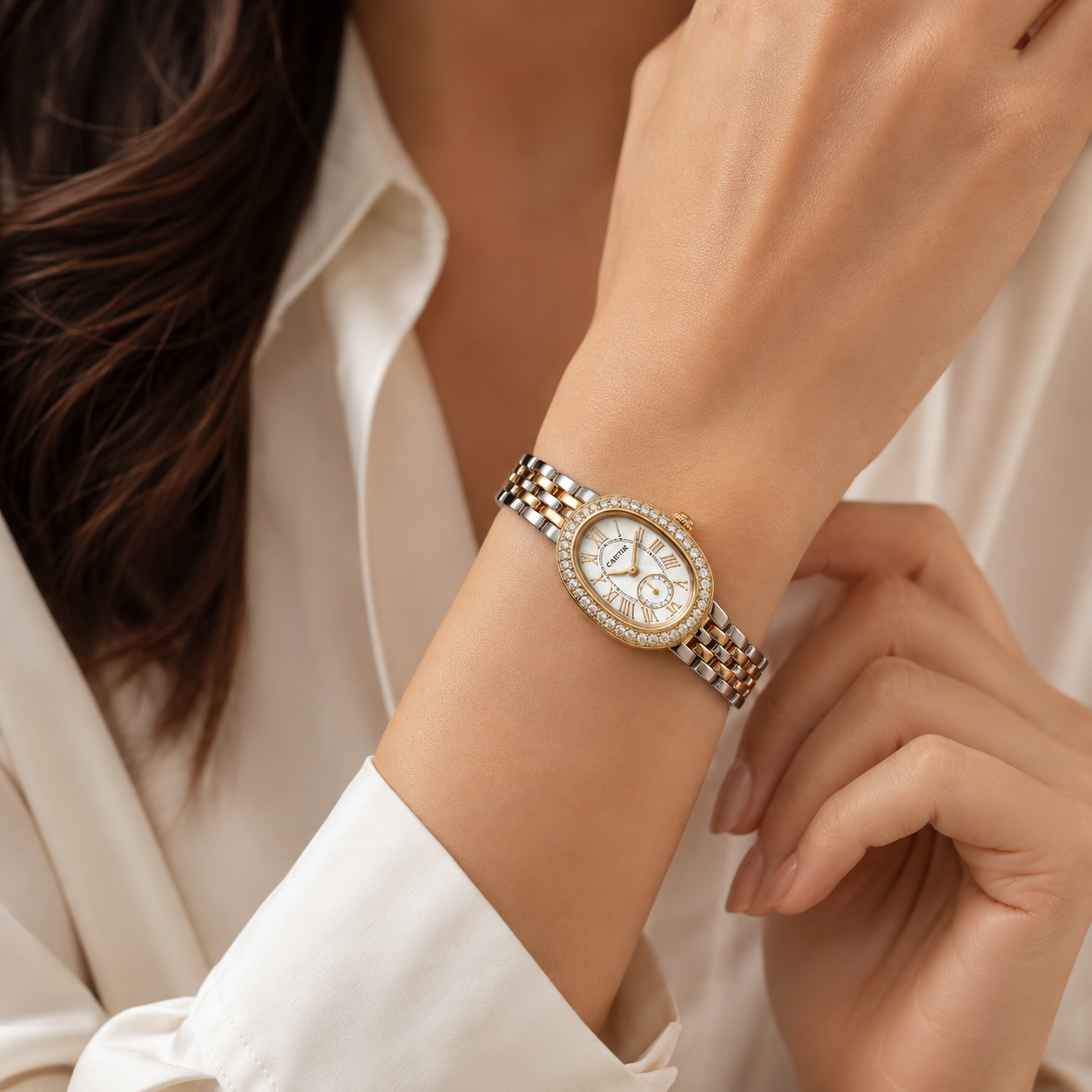 Women's Two-Tone Crystal-Studded Oval Analog Watch | Anti-Tarnish Stainless Steel Bracelet Watch | Elegant Fashion Watch for Women & Girls