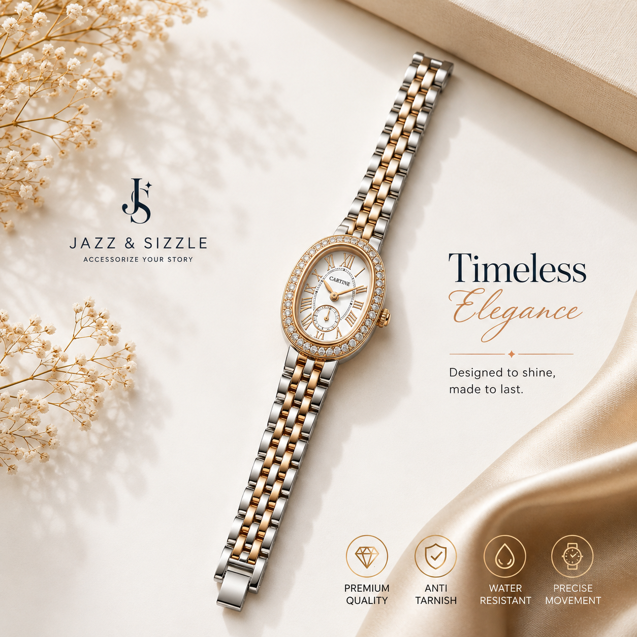 Women's Two-Tone Crystal-Studded Oval Analog Watch | Anti-Tarnish Stainless Steel Bracelet Watch | Elegant Fashion Watch for Women & Girls