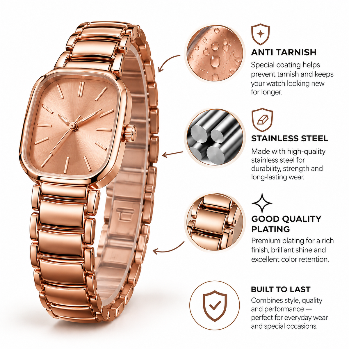 Rose Gold Square Dial Stainless Steel Watch for Women- WJ-JS26-LD0039
