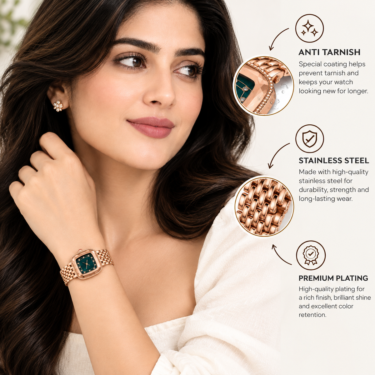Luxury Rose Gold Green Dial Stainless Steel Watch for Women- WJ-JS26-LD0040