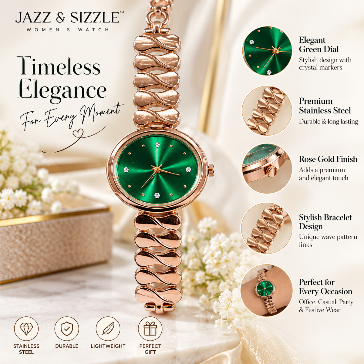 Rose Gold Stainless Steel Green Dial Analog Watch for Women-WJ-JS26-LD052