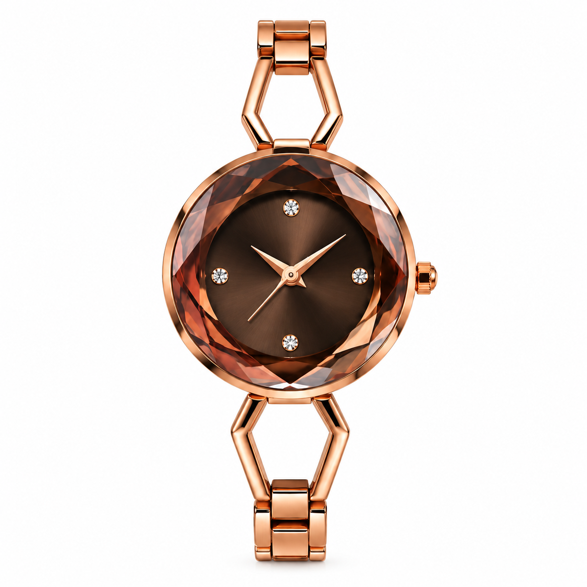 Women’s Rose Gold-Toned Analogue Bracelet Watch with Brown Dial, Faceted Bezel & Crystal Hour Markers- WJ-JS26-LD0057
