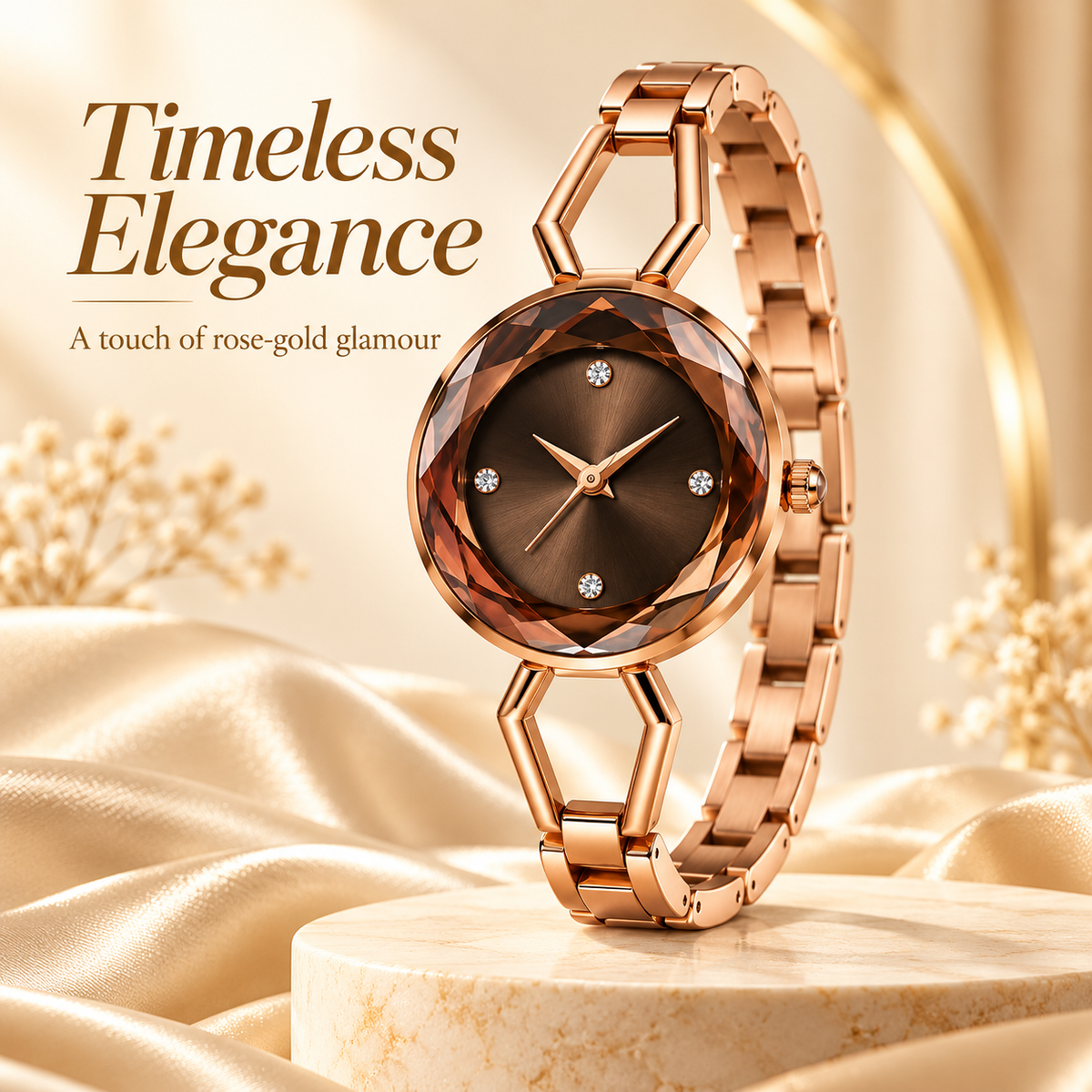 Women’s Rose Gold-Toned Analogue Bracelet Watch with Brown Dial, Faceted Bezel & Crystal Hour Markers- WJ-JS26-LD0057
