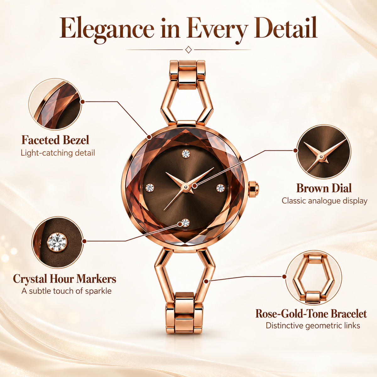 Women’s Rose Gold-Toned Analogue Bracelet Watch with Brown Dial, Faceted Bezel & Crystal Hour Markers- WJ-JS26-LD0057