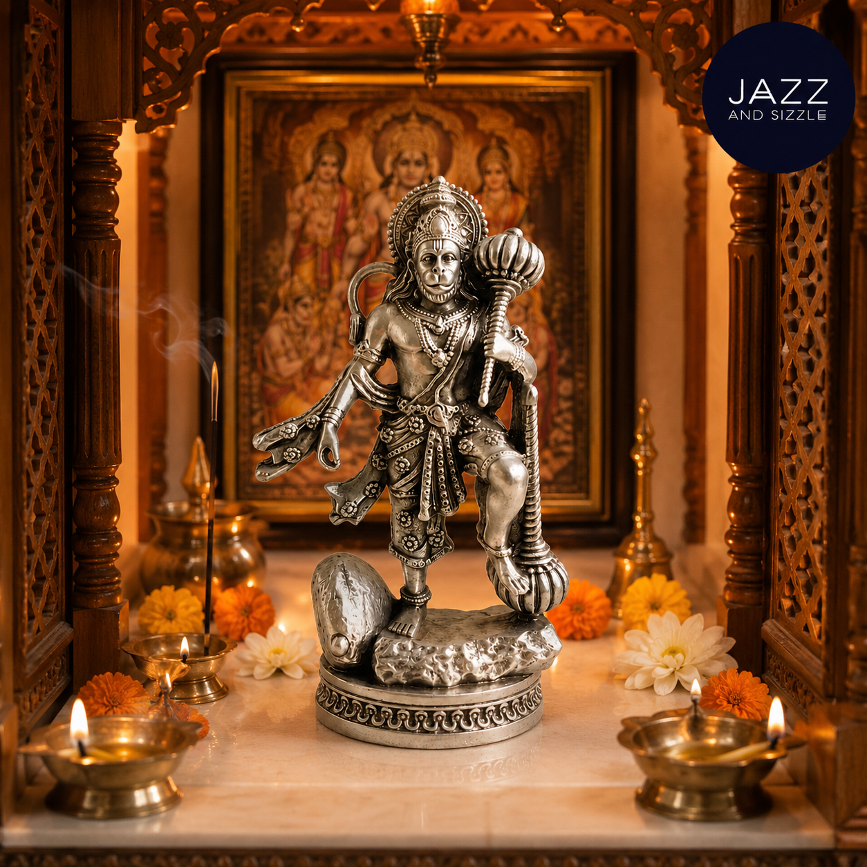 Hanuman Ji with Gada Idol | Strength, Protection & Spiritual Energy ( Silver Plated )-JS-IDL-002
