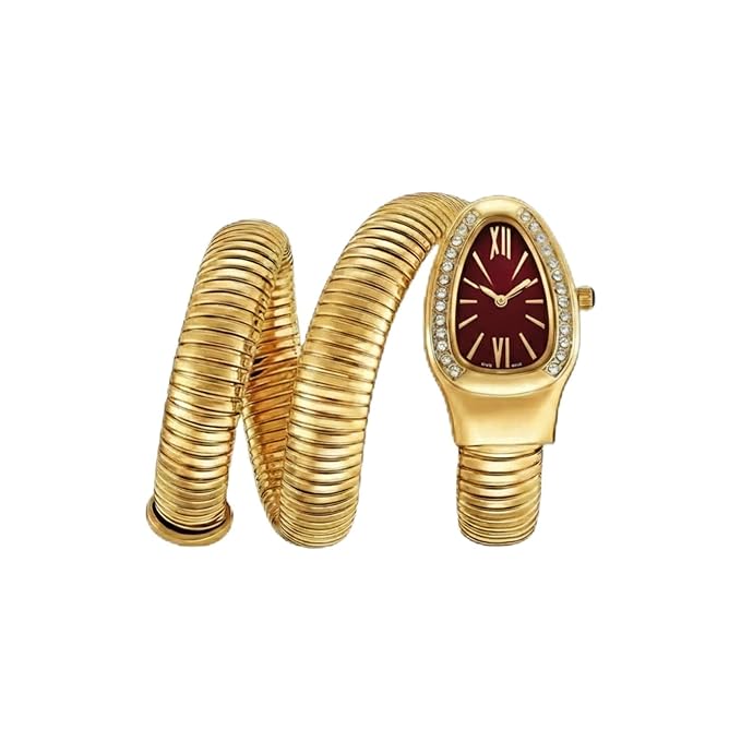 Serpentine Snake Watch, Red | Spiral Bracelet, Roman Number Dial, Quartz Movement, Waterproof, Luxury Metal Bezel