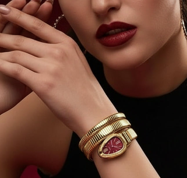 Serpentine Snake Watch, Red | Spiral Bracelet, Roman Number Dial, Quartz Movement, Waterproof, Luxury Metal Bezel