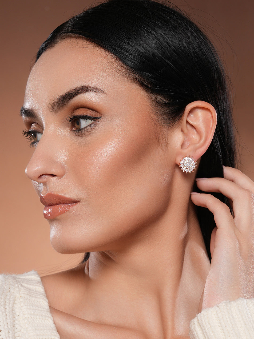 Jazz And Sizzle Rose Gold-Plated CZ-Studded Floral Studs Earrings