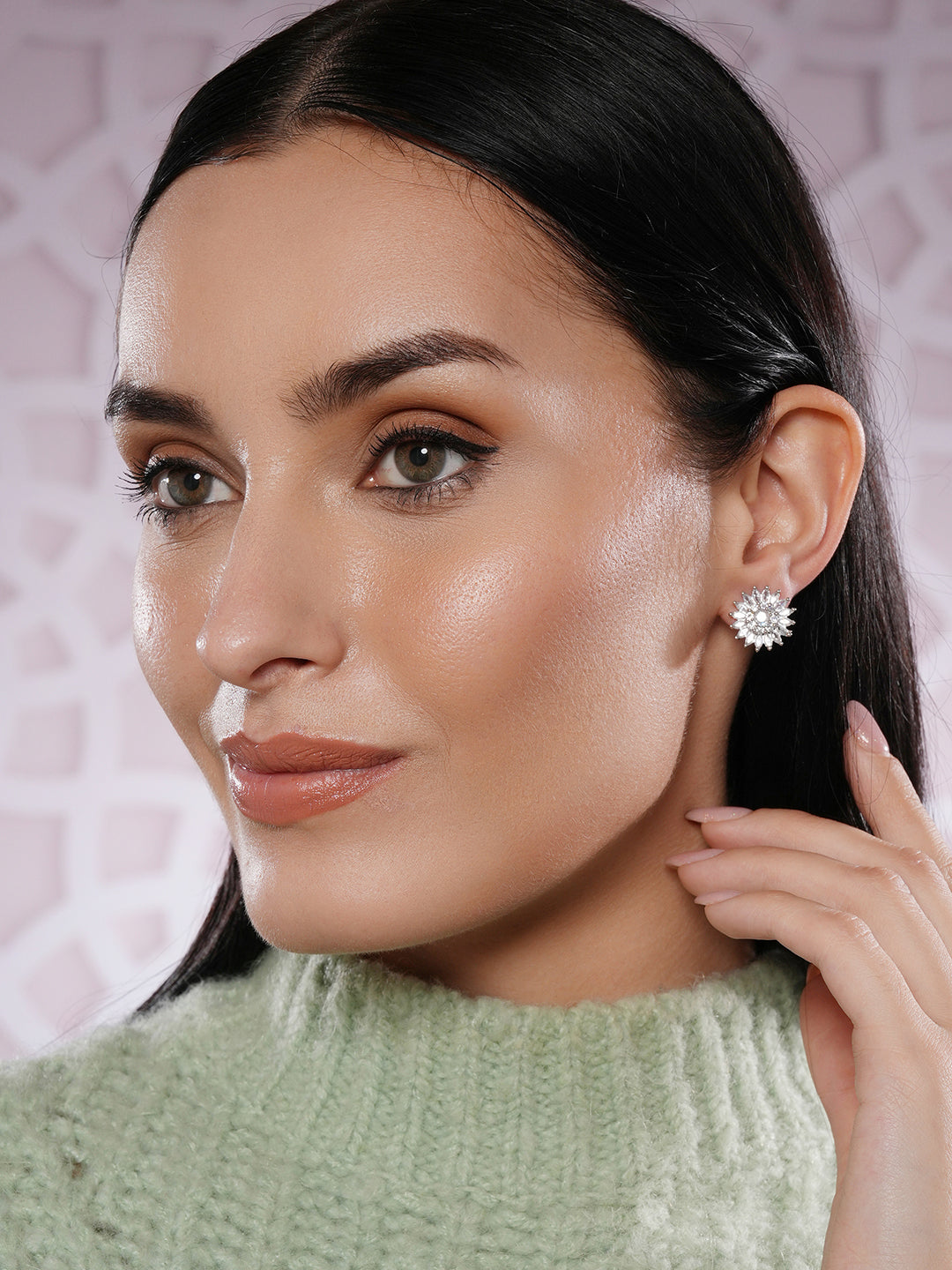 Jazz And Sizzle Rhodium-Plated CZ-Studded Floral Studs Earrings