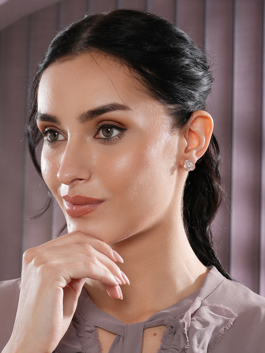 Jazz And Sizzle Rose Gold-Plated American Diamond Studded Floral Stud Earrings