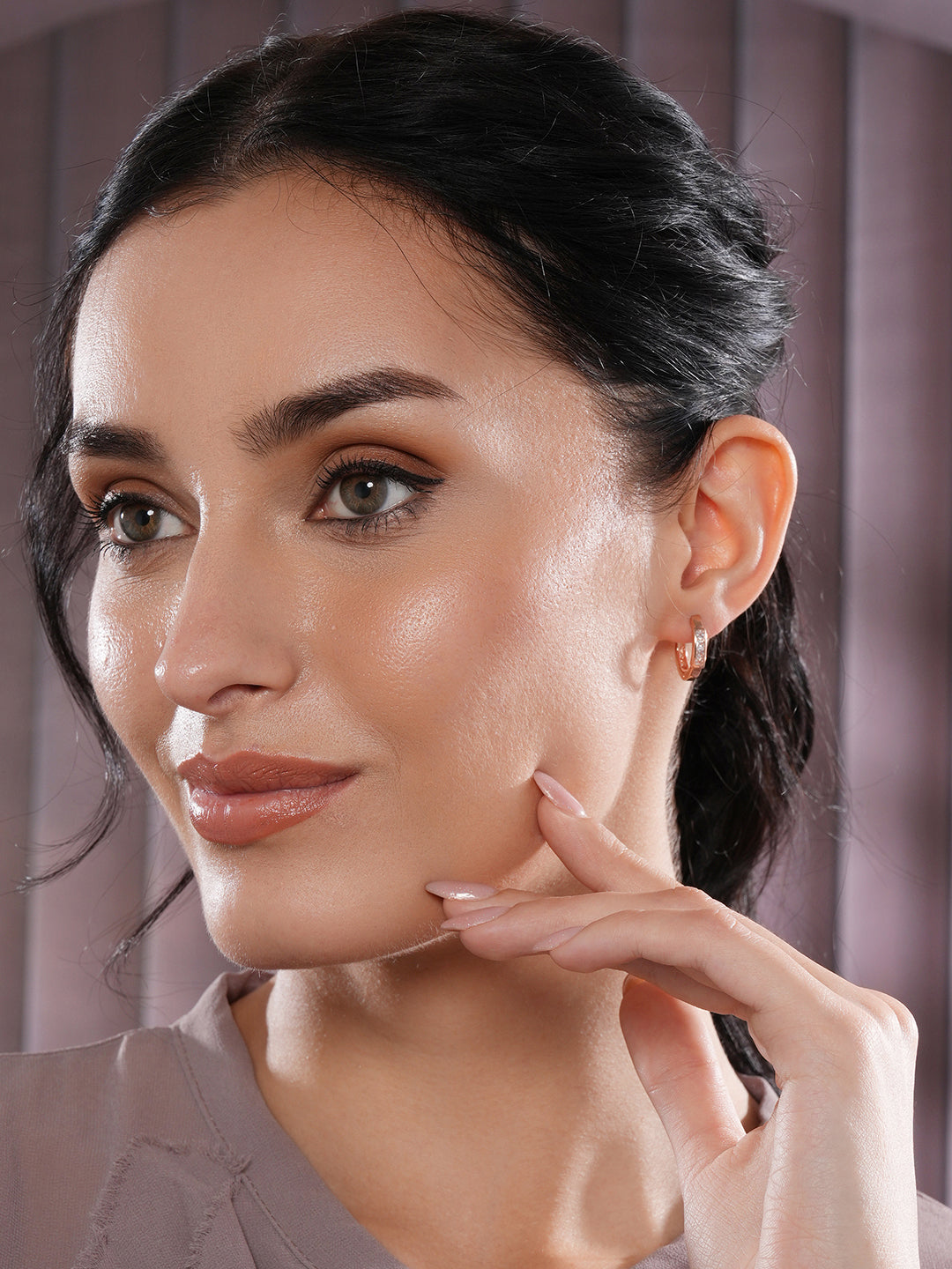 Jazz And Sizzle Rose Gold Crystals Studded Rose Gold-Plated Contemporary Hoop Earrings