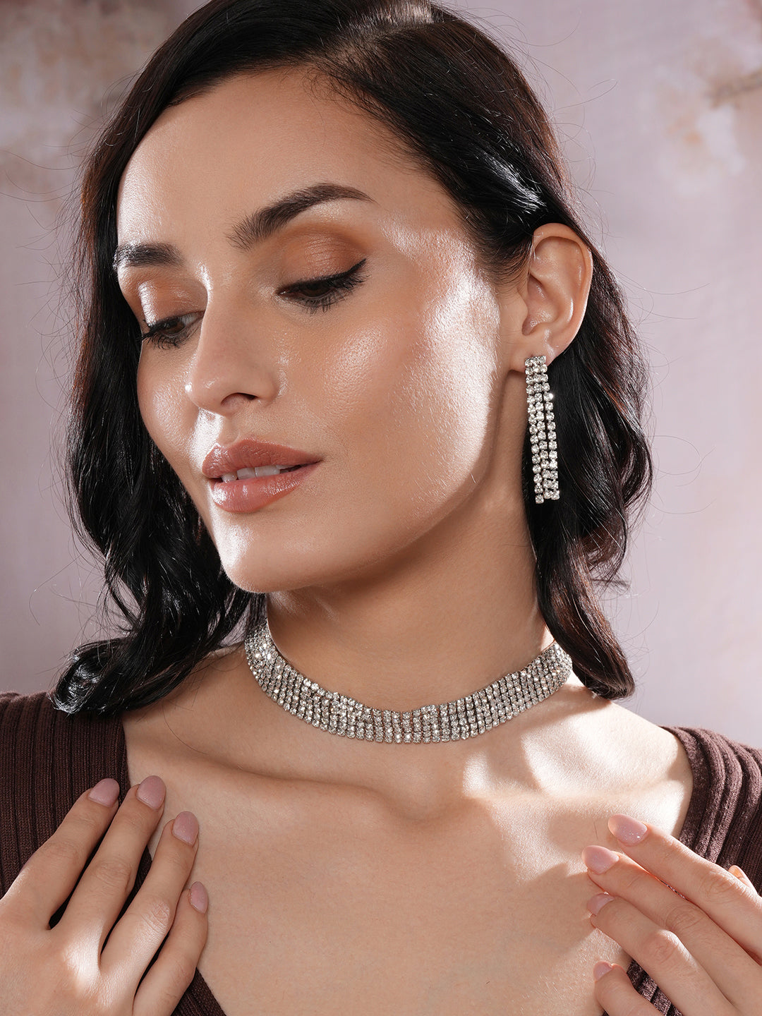 Jazz And Sizzle Silver Plated Crystal& Zirconia Studded MultiStrand Jewellery Set